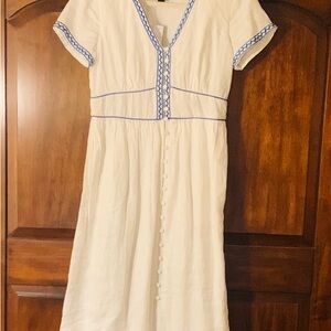 NWT J Crew White Embroidered Linen Dress with Blue Accents